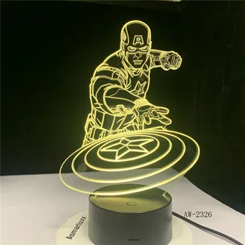 Kapitán Amerika Štít Obrázok 3D Multicolors Tabuľka Akryl Nočné svetlo LED ilúzie Touch USB lampa Chlapec Deti Hračka Darček AW-2326