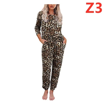 Jeseň zima dámy tie-dye leopard tlač pyžamo pletené krajky-up dlhým rukávom nohavice ležérne a pohodlné domáce nastaviť JJF0072