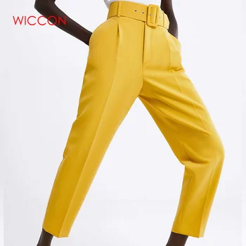 2021 Ženy Belted Oblek Nohavice Vysoký Pás Príčinné Ružová Žltá Hárem Nohavice S Oknami Elegantne Lady Nohavice Bežné Streetwear