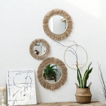 Tkané konopné lano zrkadlo Nordic RETRO umenie kruhové zrkadlo s ručne vyrábané v rodine obývacia izba dekorácie kaviareň boho dekor