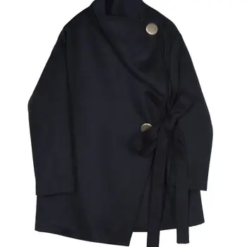 LANMREM Zimné 2021 nový big gold tlačidlo Black Voľné sklonom placket vlnené kabát dizajn čipky temperament tweed kabát žena YK126