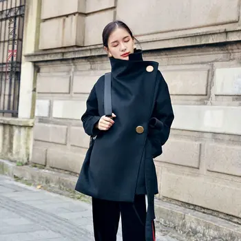 LANMREM Zimné 2021 nový big gold tlačidlo Black Voľné sklonom placket vlnené kabát dizajn čipky temperament tweed kabát žena YK126