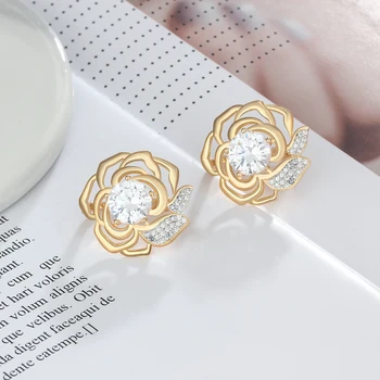 Zlatá Obruč, Náušnice Medi Romantické Kvetinové Strany Cubic Zirconia Klasické Šperky Pre Ženy, Horúce Predaj (jewelora EA102937)