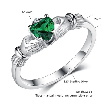 Dyson 925 Sterling Silver Krúžky pre Ženy Írsky Claddagh Vytvorené Nano Smaragd Srdca Tvar Solitaire Krúžok Klasické Jemné Šperky