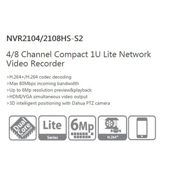 Dahua NVR videorekordér NVR2104HS-S2 & NVR2108HS-S2 Kompaktný 1U Lite až 6Mp Nahrávanie Onvif Max 80Mbps prichádzajúce pásma