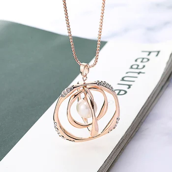 3 Otočná Kruh s Perlový Náhrdelník Prívesok Pre Ženy Zlato Strieborná Farba Sveter Reťazec Dlhý Náhrdelník Luxusné Šperky 2020 Nové