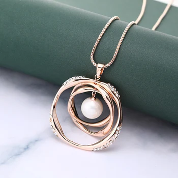 3 Otočná Kruh s Perlový Náhrdelník Prívesok Pre Ženy Zlato Strieborná Farba Sveter Reťazec Dlhý Náhrdelník Luxusné Šperky 2020 Nové