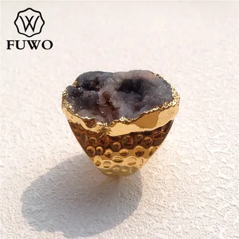 FUWO Prírodné Slnko Agates Kamenné Kruhy 24K Gold Electroplate Oválny Tvar Geode Klastra Prstene, Šperky, Resizable RG007