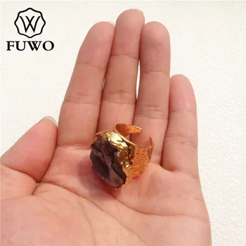 FUWO Prírodné Slnko Agates Kamenné Kruhy 24K Gold Electroplate Oválny Tvar Geode Klastra Prstene, Šperky, Resizable RG007