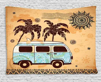 Vintage Havaj Gobelín Retro Stromy Staré Van s Abstraktné Sun Design Pláži Surfovanie Rada Široký Stene Visí