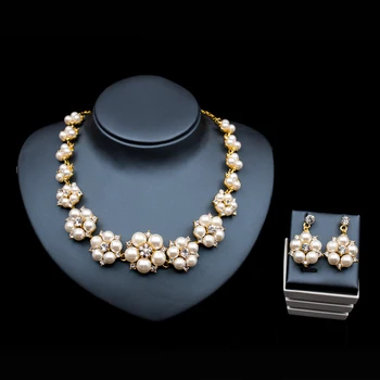 Simulované Pearl Kvety, Svadobné Šperky Set Vložkou Drahokamu Africkej Ženy Šperky Set Zlatá Farba Náhrdelník Stud Náušnice Veľkoobchod