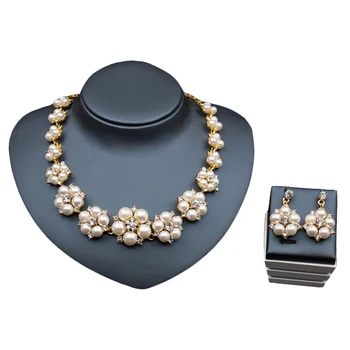 Simulované Pearl Kvety, Svadobné Šperky Set Vložkou Drahokamu Africkej Ženy Šperky Set Zlatá Farba Náhrdelník Stud Náušnice Veľkoobchod