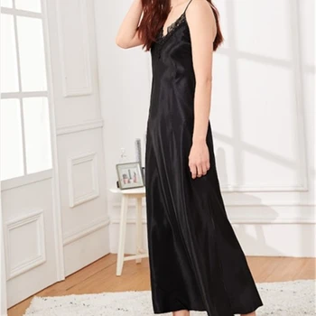 Žena Nightgowns Sleepshirts Čistá farebná imitácia hodvábna šatka super dlhé nightdress dámy čipky sexy Nightdress SJ012