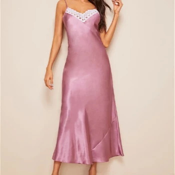 Žena Nightgowns Sleepshirts Čistá farebná imitácia hodvábna šatka super dlhé nightdress dámy čipky sexy Nightdress SJ012