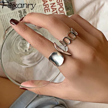 Foxanry Minimalistický 925 Sterling Silver Šírka Prstene pre Ženy, Nový Módny Tvorivé Duté Geometrické Ručné Strany Šperky, Darčeky