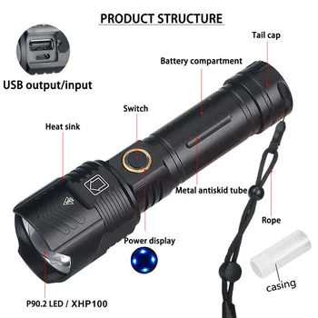 Super Jasné XHP100 Baterku, Silný Horák, USB Nabíjateľné LED Ručné Svietidlo USB Pochodeň 26650/18650 Zoom Taktické zábleskové Svetlo