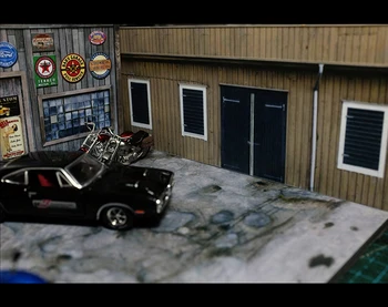 1/64 garáž továreň na sklade opravu domu, budovy model auta vozidla hračka zberné parkovisko scény na pozadí Západné Retro