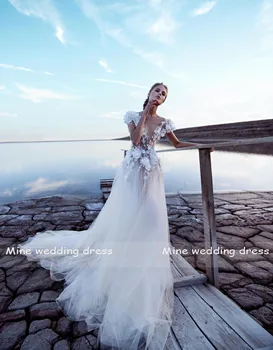 Ilúzia Lopatka Spp Rukáv 3D Kvet Appliques Čipky Backless A-Line Svadobné Šaty 2021 Vestido De Noiva Svadobné Šaty