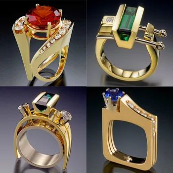 Luxusné Žena Krištáľovo Modrá Zelená Šampanské Kamenný Kruh, Módne Žlté Zlato Prst Prsteň Vintage Strany Geometrické Prstene Pre Ženy
