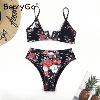 BerryGo Sexy kvetinová tlač bikini set Trojuholník push up letné beach plavky ženy Vysoký pás micro holiday beach plavky 2020