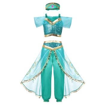 Royal Salon Princess Aladdin Oblečenie Set pre Dievčatká Aladdin Film Deti Cosplay Top Nohavice s hlavovým oblúkom Šperky, Parochne