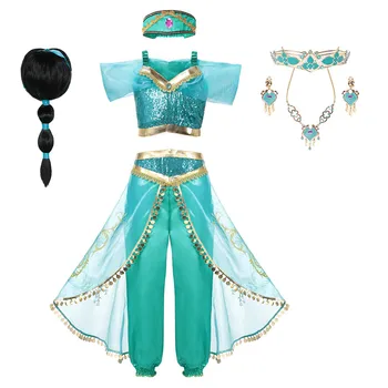 Royal Salon Princess Aladdin Oblečenie Set pre Dievčatká Aladdin Film Deti Cosplay Top Nohavice s hlavovým oblúkom Šperky, Parochne