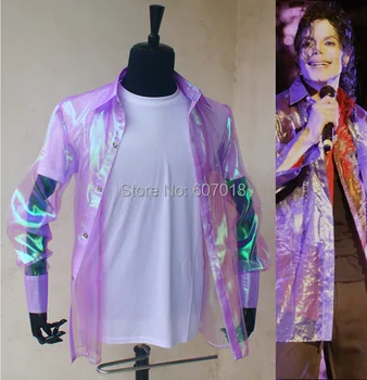 Zriedkavé PUNK Rock Bežné Klasické MJ dúhové fialová ligotať organza tlačidlo dopredu to, že to tričko Michael Jackson Kostým