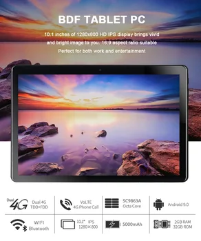 BDF Nový 10.1-Palcový 3G, 4G LTE Hovoru SIM Karty Octa-Core FM WiFi Tablet Pc Android 9.0, WIFI, Bluetooth, 2GB+32GB IPS LCD Displej