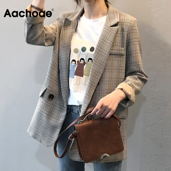 Aachoae Kórejský Štýl Elegantný Prehoz Sako Ženy Office Nosiť Dlhý Rukáv Žena Bunda Vintage Voľné Vrecká Dvojité Breasted Kabát