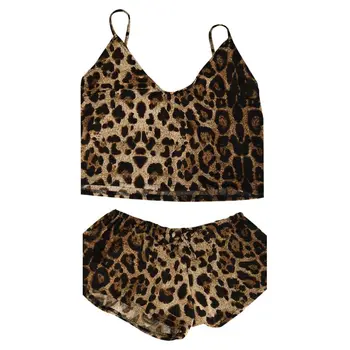 Ženy Plus Veľkosť Faux Hodváb priesvitný Set spodnej Bielizne Sexy tvaru Plodín Top Šnúrkou Pás Šortky Retro Leopard Tlač Pyžamo Sleepwear S-3XL