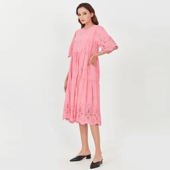 TWOTWINSTYLE Nadrozmerné Oblečenie Pre Ženy O Krk Polovičný Rukáv Patchwork Volánikmi Duté Sa Vintage Šaty Žena 2020 Nové Oblečenie