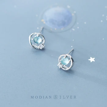 Modian 925 Sterling silver Oslňujúci Modrý Kolo Malý Opal Módne Stud Náušnice Striebro Pre Ženy & Dievča, Jemné Šperky