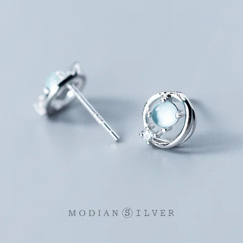 Modian 925 Sterling silver Oslňujúci Modrý Kolo Malý Opal Módne Stud Náušnice Striebro Pre Ženy & Dievča, Jemné Šperky