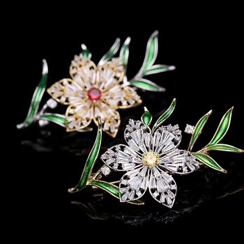 Luxusný Krásny Kvet Kubický Zirkón Callor Kolíky Brošňa pre Ženy Móda Kvet Zlatá Farba Drahokamu Crystal Brošňa Šperky