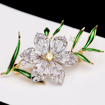 Luxusný Krásny Kvet Kubický Zirkón Callor Kolíky Brošňa pre Ženy Móda Kvet Zlatá Farba Drahokamu Crystal Brošňa Šperky