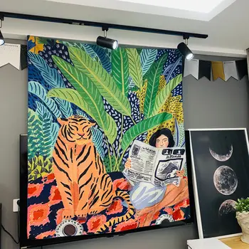 NOVÝ Tiger a Dievčatko Čítanie Knihy Gobelín Ubytovni Voľný čas Visí Handričkou Steny v Obývacej Izbe Opony Bar Visí Textílie