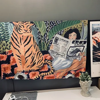 NOVÝ Tiger a Dievčatko Čítanie Knihy Gobelín Ubytovni Voľný čas Visí Handričkou Steny v Obývacej Izbe Opony Bar Visí Textílie