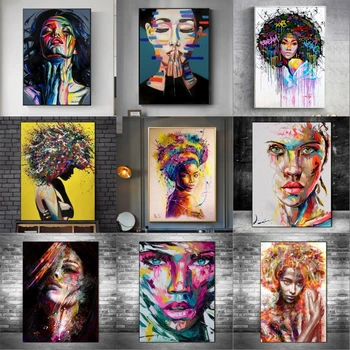 Abstrakt Africké Dievča Plátno Plagáty Graffiti Art Plagáty a Vytlačí Žena Portrét Wall Street Art Obrázky Domáce Dekorácie