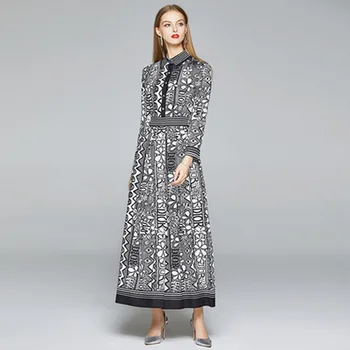 2020 Jeseň Zima Ženy Móda Bežné Dizajn Dráhy Šaty S Dlhým Rukávom Plus Veľkosť Elegantný Štíhly Ročník Tlače Maxi Šaty