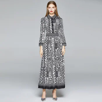2020 Jeseň Zima Ženy Móda Bežné Dizajn Dráhy Šaty S Dlhým Rukávom Plus Veľkosť Elegantný Štíhly Ročník Tlače Maxi Šaty