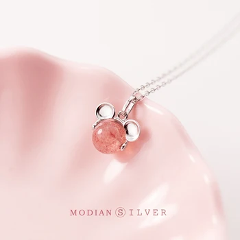 Modian 925 Sterling Silver Roztomilý Malý Myši Ružový Kryštál Náhrdelník Prívesok pre Ženy Reťazí Náhrdelník Módne Jemné Šperky
