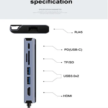 Tebe USB Typu C Rozbočovač HDMI 4K PD TF/SD Carder Slot Čítačky Rj45 USB3.0 7in1 Dock Adaptér pre MacBook Pro/Vzduch USB-C HUB