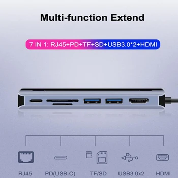 Tebe USB Typu C Rozbočovač HDMI 4K PD TF/SD Carder Slot Čítačky Rj45 USB3.0 7in1 Dock Adaptér pre MacBook Pro/Vzduch USB-C HUB