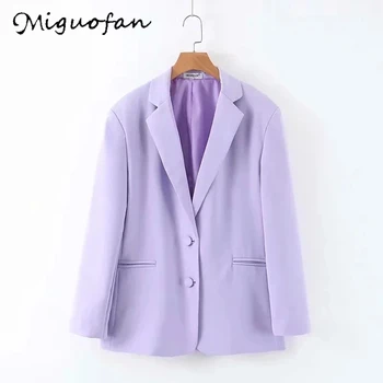 Miguofan ženy sako bundy kabát fialové tlačidlo streetwear blazerslong rukáv jeseň kabát vintage módy office lady blejzre