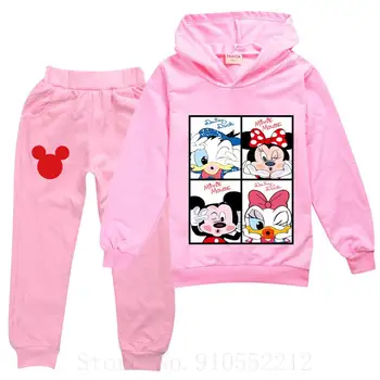 Disney Jeseň Dlhý Rukáv Hoodies+Nohavice pre Dievčatá Bežné Deti Oblečenie Nastaviť Cartoon Mickey Minnie Kawaii Oblečenie