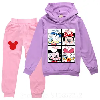 Disney Jeseň Dlhý Rukáv Hoodies+Nohavice pre Dievčatá Bežné Deti Oblečenie Nastaviť Cartoon Mickey Minnie Kawaii Oblečenie
