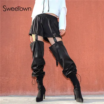 Sweetown Plus Veľkosť Gotický Cargo Nohavice Ženy Black Príležitostné Voľné Odnímateľné Nohavice S Vysokým Pásom Plastové Pracky Hip Hop Nohavice
