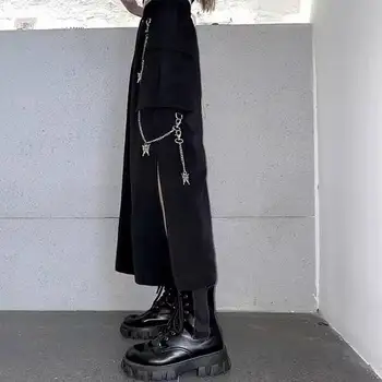 Tmavé Akademickej Obce Módne Estetické Vintage Vysoký Pás Cargo Sukne Reťazca Vrecku Midi Dlhej Čiernej Sukni Hip Hop Streetwear Harajuku