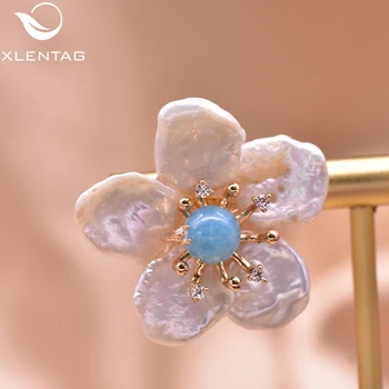 XlentAg Luxusné Prírodné Sladkovodné Barokový Pearl Flower Stud Náušnice Ženy Modrý Kameň Boho Striebornej Farby, Ručne vyrábané Šperky GE0597