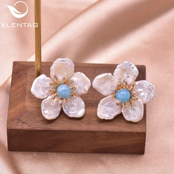 XlentAg Luxusné Prírodné Sladkovodné Barokový Pearl Flower Stud Náušnice Ženy Modrý Kameň Boho Striebornej Farby, Ručne vyrábané Šperky GE0597